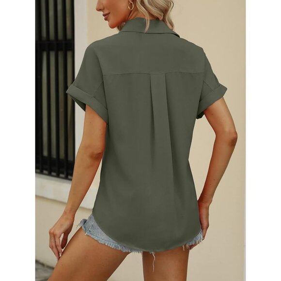 CCC Army Green Chic Henley Short Sleeve Button Up Lapel Shirt All Polyester XLGE - Picture 5 of 10